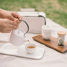 MAYTWO 攜帶式陶瓷茶杯套組 白色, 收納袋+茶壺+茶杯+茶盤+茶葉罐, 1組