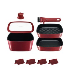 BoOh gle IH感應爐適用鍋具組, 絲絨酒紅色, 平底鍋 22cm+烤盤 22cm+煮鍋 22cm+矽膠玻璃鍋蓋組+多功能安全鍋把手+防刮墊 4入, 1組