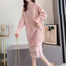 Paperments 荷葉邊層次感針織高領長版連身裙 00913, 粉紅色