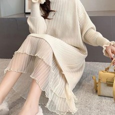 Paperments 荷葉邊層次感針織高領長版連身裙 00913, 象牙白