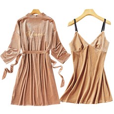 獻給珍貴的您 絲絨睡衣 浴袍 + 細肩帶睡裙 XXL, 1套, 米色