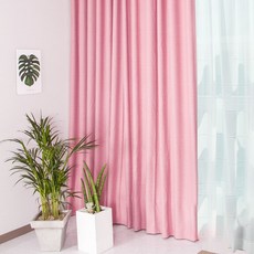 홈인홈 素色亞麻助眠長版遮光蝴蝶褶客廳窗簾組, 柔粉色