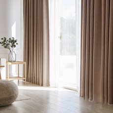 홈인홈 素色亞麻助眠長版遮光蝴蝶褶客廳窗簾組, 米色