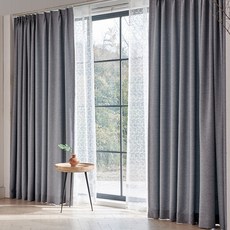 홈인홈 素色亞麻助眠長版遮光蝴蝶褶客廳窗簾組, 灰色