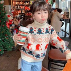 橘色暖身女童聖誕高領針織衫