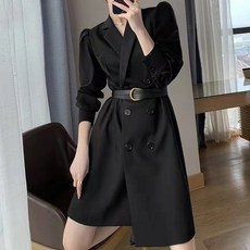 PAPERMENTS 交叉領腰帶長袖西裝外套連身裙, 黑色