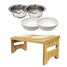 MONAGIO 寵物狗2格餐碗木桌 L號+陶瓷碗 2入+不鏽鋼碗 2入+塑膠碗 2入