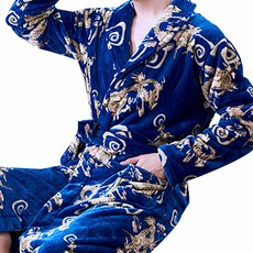 情侶款男士奢華浴袍 XL, 金色圖案藍色, 1個