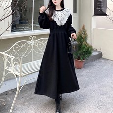 메이첼 벨벳 레이스 카라 레트로 롱 원피스 00370 빅사이즈 포함