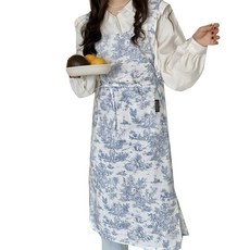 amieng 法式長款亞麻連衣裙圍裙, 藍色, 1個