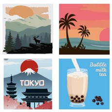 LIVING DUO DIY 油畫畫鹿和風景+棕櫚樹夜日落+東京復古海報+泡泡奶茶套組 20 x 20cm, 混色