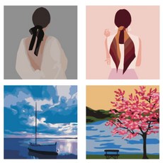 LIVING DUO DIY 油畫畫女背+時尚女性插畫+海洋船+櫻花風景套組 20 x 20cm, 混色