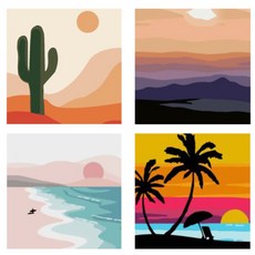 LIVING DUO DIY油畫組 沙漠仙人掌款+黎明日出款+日出大海款+日落度假款 20*20cm, 混色