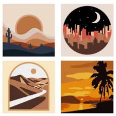 LIVING DUO DIY 油畫畫仙人掌景觀+月夜城市+奧利亞地形+日落棕櫚樹套組 20 x 20cm, 混合顏色