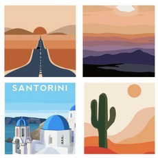 LIVING DUO DIY 油畫畫沙漠公路+黎明日出+聖托里尼藍色圓頂+沙漠上方的仙人掌套組 20 x 20cm, 混色