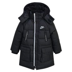 NIKE 耐吉 童款Logo印花中長款連帽羽絨外套 AOW13QDM76BK