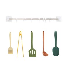 免打孔吸附廚房掛勾架 8勾 900+矽膠廚具 5件組, 混色