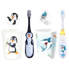 Vibright 兒童角色 LED 定時牙刷杯架白企鵝+白鯊套組, 1組