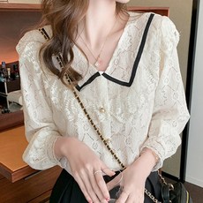 MeiChel 黑線領荷葉邊蕾絲雪紡襯衫