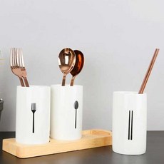 PUKO 普羅旺斯韓國插畫木底座3層餐具筒, 白色(餐具筒), 1個