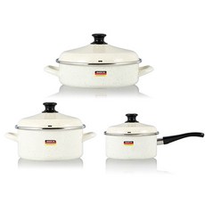 HAMPTONS 電磁爐適用琺瑯湯鍋 HEL-VNC 3入, 單柄湯鍋18cm+雙耳湯鍋20cm+燉鍋24cm, Vanilla Cream