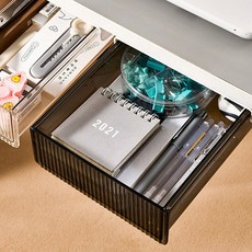 Dr. Living Store 圖案款桌下黏貼式抽屜 收納盒 整理盒 隱藏式儲物 L 21 x 24 x 6 cm, 透明黑