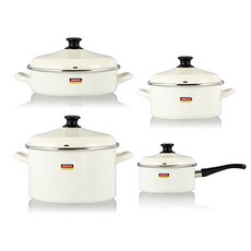 HAMPTONS 電磁爐適用琺瑯湯鍋 4入, Vanilla Cream, 單柄湯鍋18cm+雙耳淺湯鍋20cm+雙耳深湯鍋24cm+燉鍋24cm