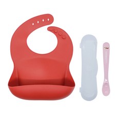 LIL RINSER Gosh立體圍兜+餵食湯匙+餐具盒, 酒紅色(圍兜)+粉米色(湯匙), 1組