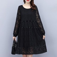 ATTERLIC 圓領袖透視蕾絲中長洋裝 00502 含大尺碼, 黑色