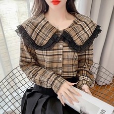 PAPERMENTS 女款大領片格紋荷葉邊襯衫