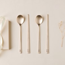 Obooja 韓國產Bangjja鍮器銅方柄湯匙筷子2人套組, 湯匙 2p + 筷子 2雙 + 收納盒, 混合色, 1個