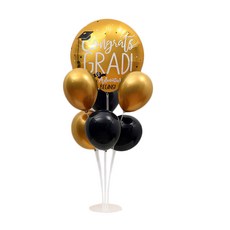 WOW PARTY KOREA 圓形氣球 2款 x 3入 + 畢業圓形氣球 45cm + 氣球支架組, 金色, 黑色(圓形氣球), 金色(畢業氣球), 2套