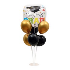 圓形氣球2款x3入 + 畢業方形氣球 + 氣球支架套組, 2套, 金色, 黑色(圓形氣球), 白色(畢業氣球)
