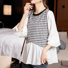 ATTERLIC 大尺碼黑色格紋拼色蓬袖上衣 00536