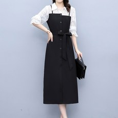 ATTERLIC 蕾絲上衣疊穿蝴蝶結腰帶連身裙 00558 含大尺碼, 黑色