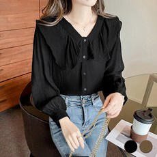 메이첼 세련된 브이넥 프릴 포인트 긴팔 셔츠 00405