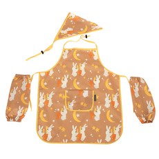 bebe chouette 孩童月兔圖案防水圍裙+頭巾+繩釦 2入+袖套, 月下兔子款