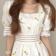 PAPERMENTS 花朵印花方領蕾絲孔眼短袖連身裙, 黃色