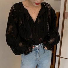 PAPERMENTS 印花寬鬆透膚蕾絲長袖雪紡衫