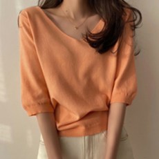 PAPERMENTS 女款V領五分袖素色針織衫