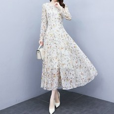 ATTERLIC 亮麗春秋雪紡碎花連身裙 00553 含大尺碼, 米色