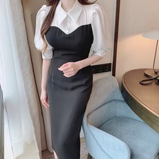 ViVEMO 豐盈亮面修身洋裝 00721, 黑色