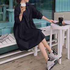 아뗄릭 셔링 루즈핏 7부 소매 셔츠 원피스 00539