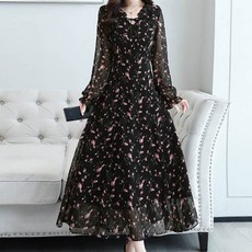 ATTERLIC 粉色花瓣雪紡透膚長洋裝 00544 含大尺碼, 黑色