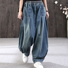 Ateliq 大碼可口袋綁帶寬鬆寬牛仔褲 00547