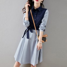 PAPERMENTS 假兩件式拼接長袖連身裙, 藍色