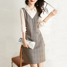 페이퍼먼츠 페이크 레이어드 체크 브이 정장 원피스 01342