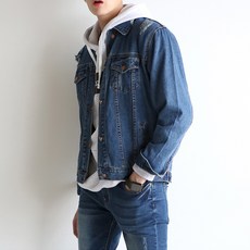 플레이즈 남성용 카라넥 찢어진 워싱 투포켓 데님 자켓