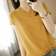 Soleil 女款V領抽繩針織T恤