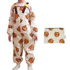 bebe chouette 孩童圖案印花防水美術吊帶褲+袖套+收納袋, 棕色獅子款